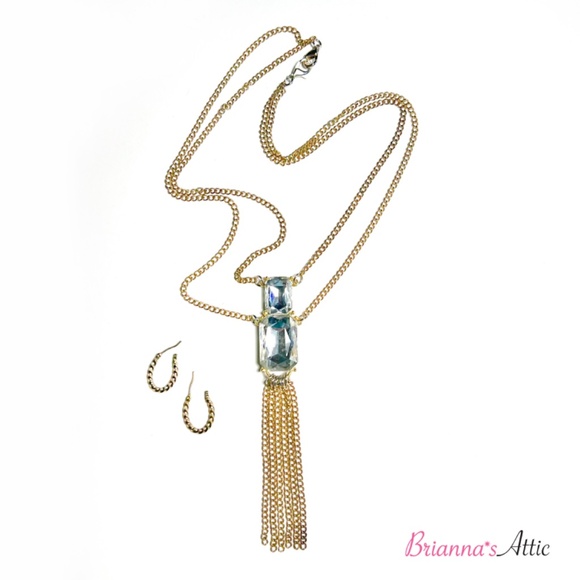 Gold Tone Long Square Crystal Necklace with Artistic Earrings - Picture 3 of 14